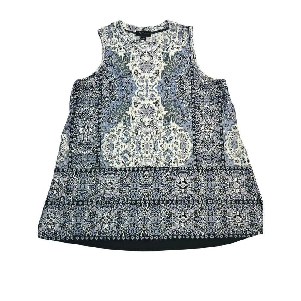 AB Studio Size L Sleeveless Tunic Top Blue Medallion Paisley Border Print